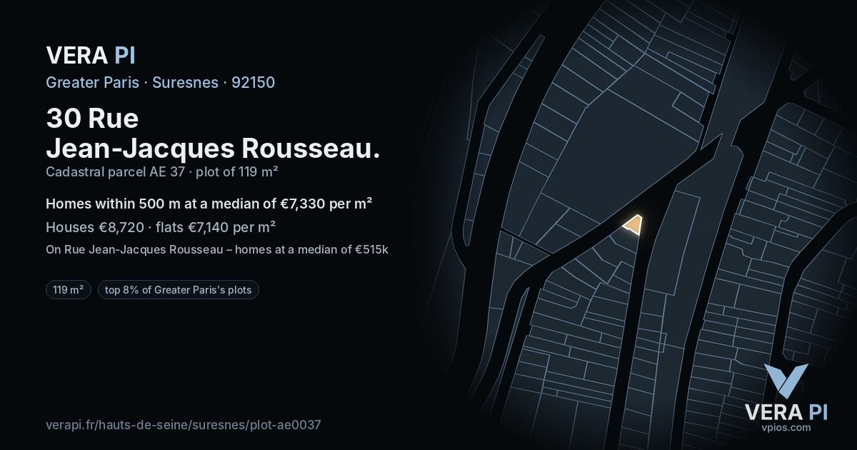 30 Rue Jean-Jacques Rousseau, Suresnes at night – the plot lit, the parcels around coloured by the prices near them