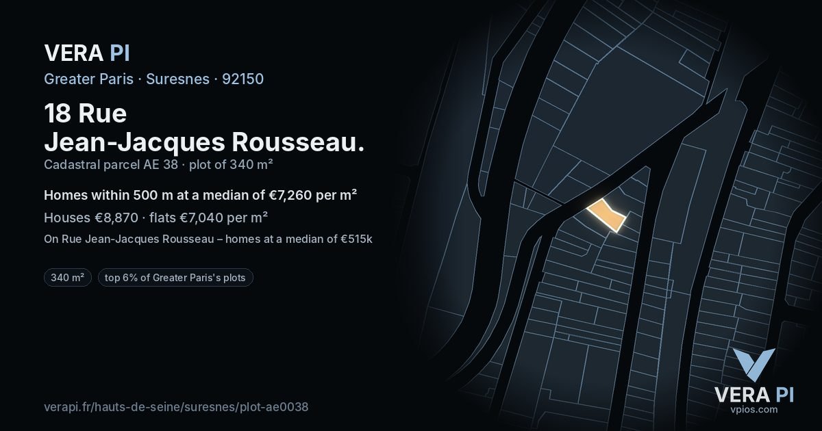 18 Rue Jean-Jacques Rousseau, Suresnes at night – the plot lit, the parcels around coloured by the prices near them