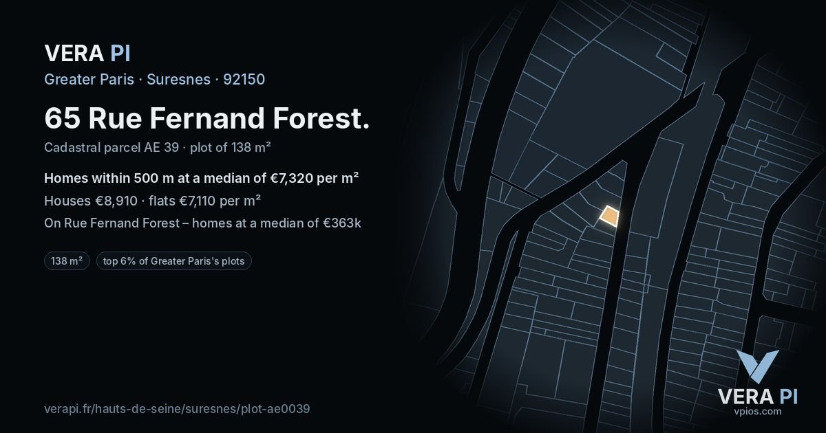 65 Rue Fernand Forest, Suresnes at night – the plot lit, the parcels around coloured by the prices near them
