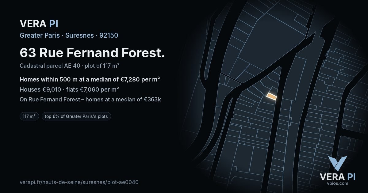 63 Rue Fernand Forest, Suresnes at night – the plot lit, the parcels around coloured by the prices near them