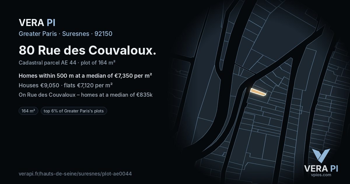 80 Rue des Couvaloux, Suresnes at night – the plot lit, the parcels around coloured by the prices near them