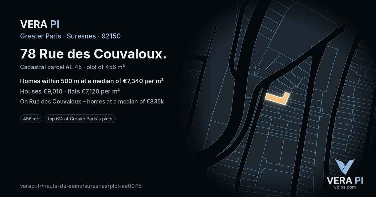 78 Rue des Couvaloux, Suresnes at night – the plot lit, the parcels around coloured by the prices near them