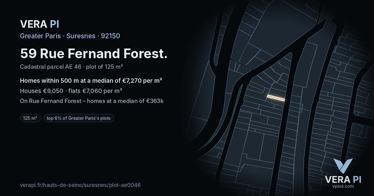 59 Rue Fernand Forest, Suresnes at night – the plot lit, the parcels around coloured by the prices near them