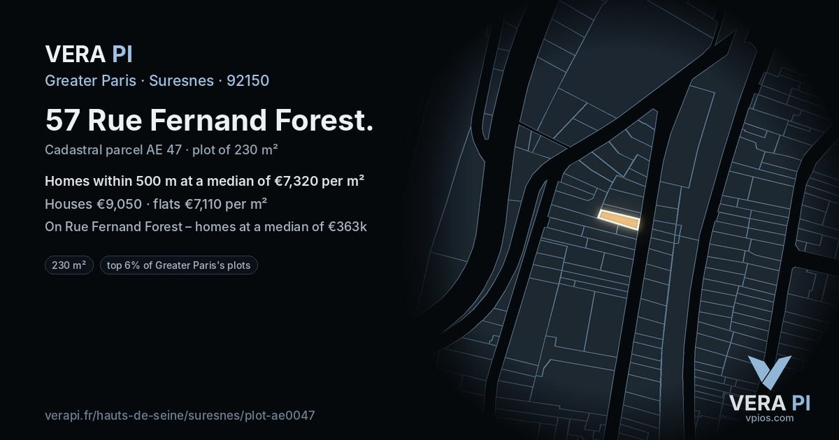 57 Rue Fernand Forest, Suresnes at night – the plot lit, the parcels around coloured by the prices near them