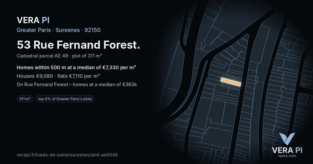 53 Rue Fernand Forest, Suresnes at night – the plot lit, the parcels around coloured by the prices near them