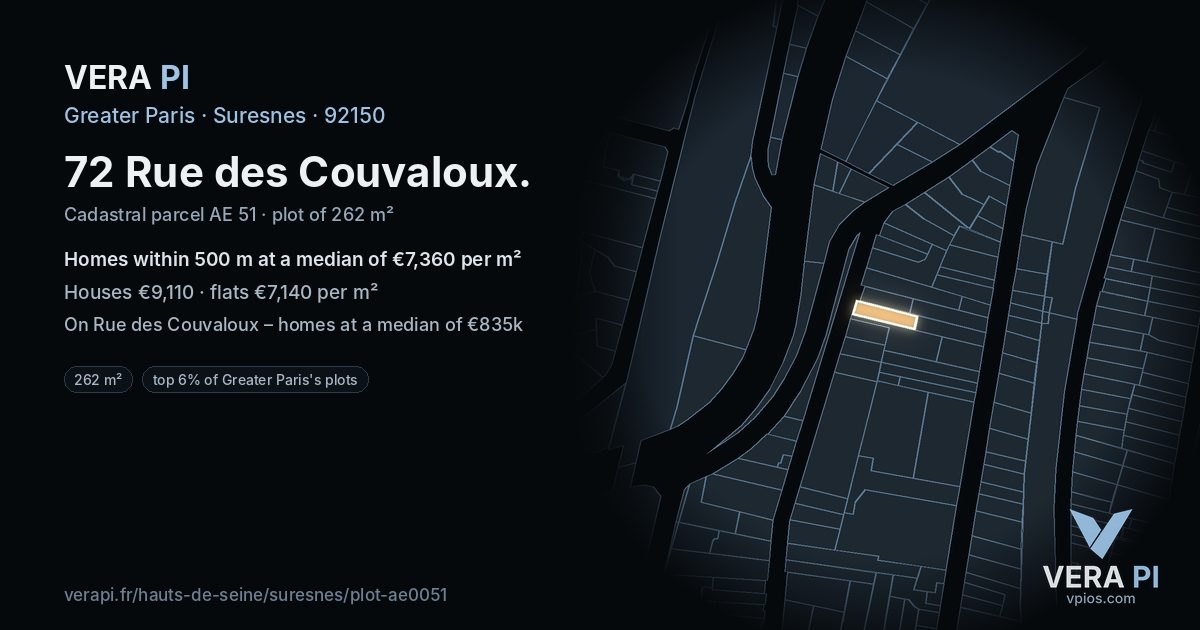 72 Rue des Couvaloux, Suresnes at night – the plot lit, the parcels around coloured by the prices near them