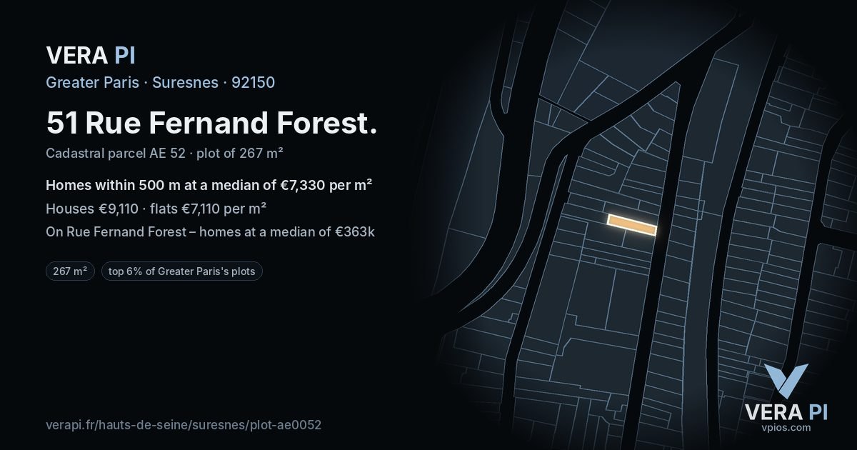 51 Rue Fernand Forest, Suresnes at night – the plot lit, the parcels around coloured by the prices near them
