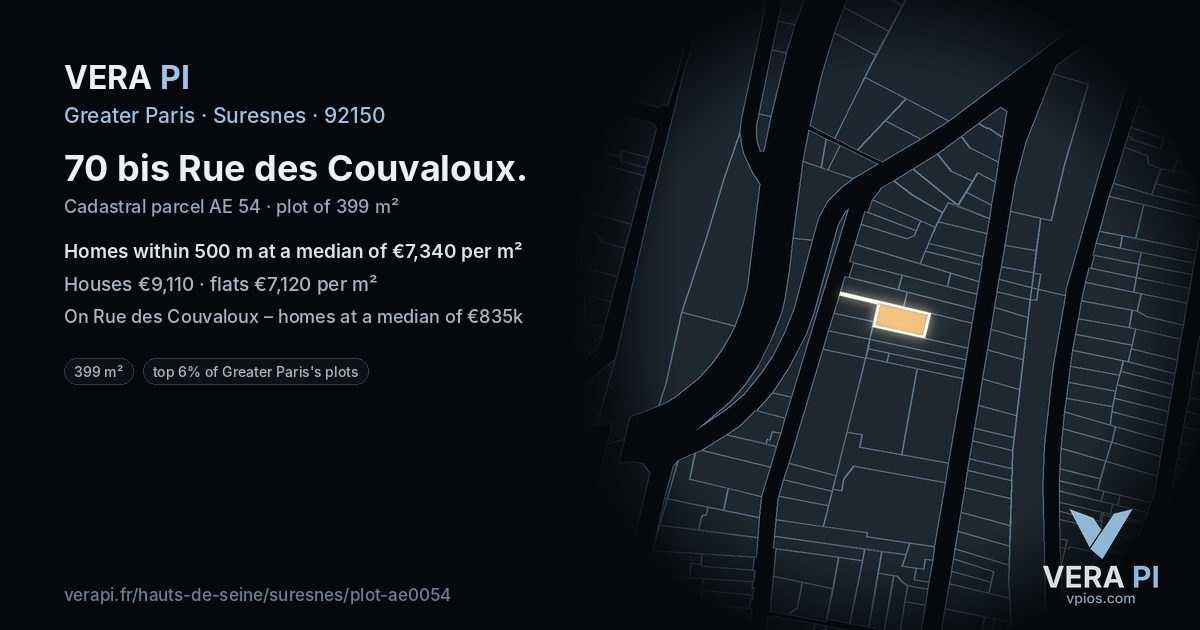 70 bis Rue des Couvaloux, Suresnes at night – the plot lit, the parcels around coloured by the prices near them