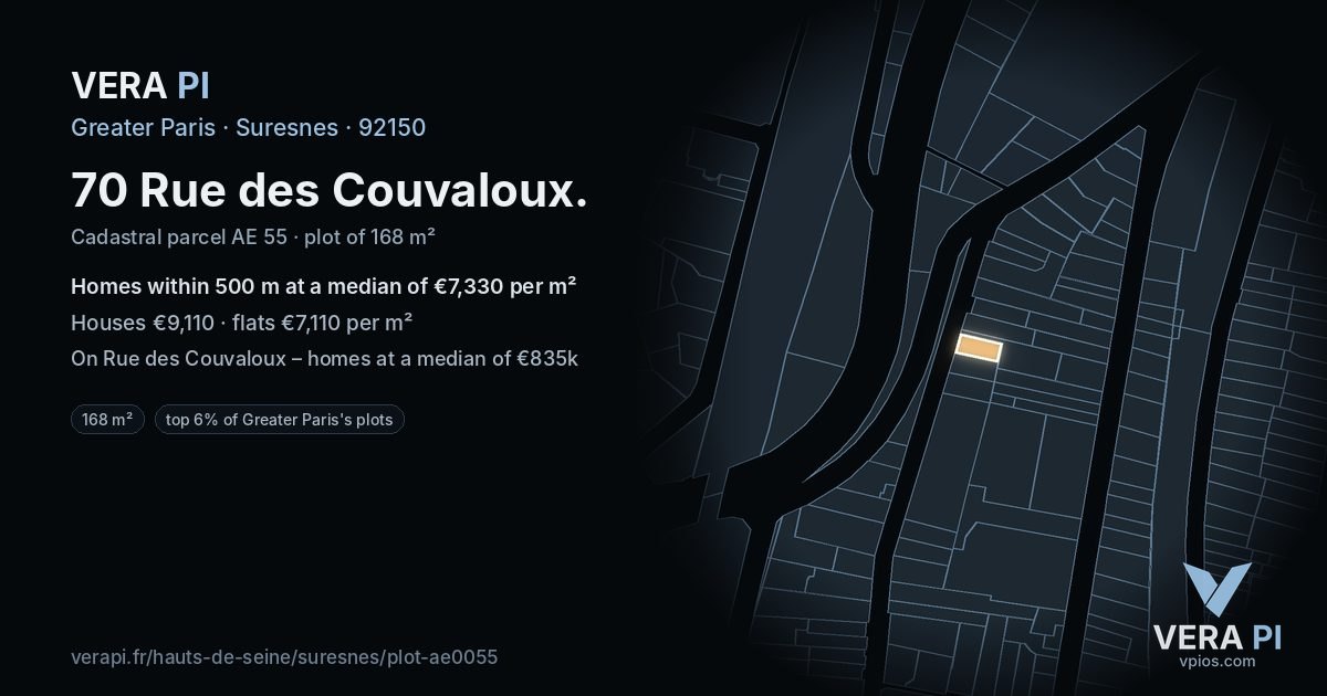 70 Rue des Couvaloux, Suresnes at night – the plot lit, the parcels around coloured by the prices near them
