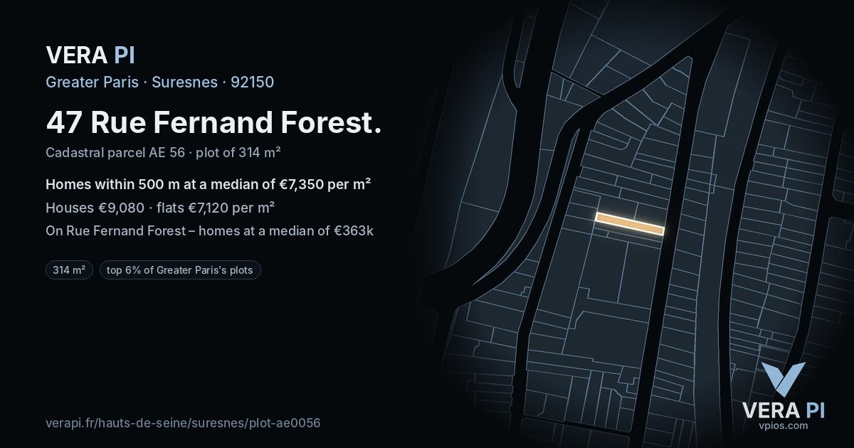 47 Rue Fernand Forest, Suresnes at night – the plot lit, the parcels around coloured by the prices near them
