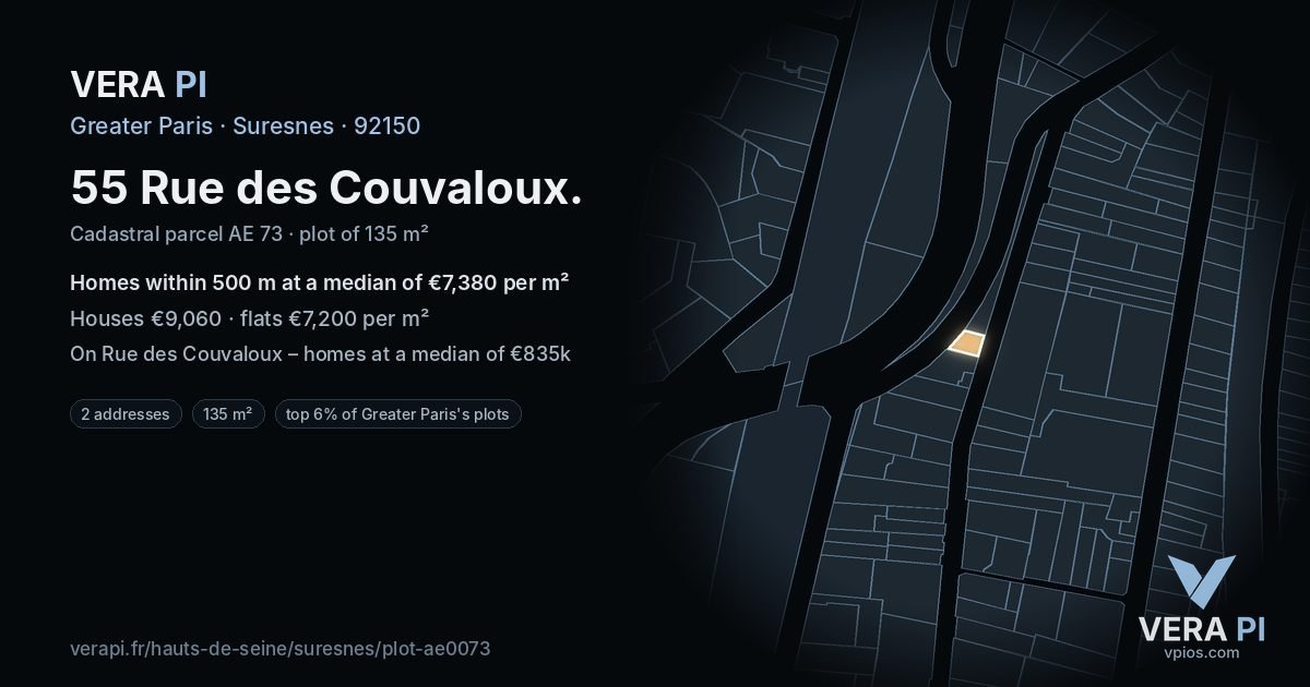 55 Rue des Couvaloux, Suresnes at night – the plot lit, the parcels around coloured by the prices near them