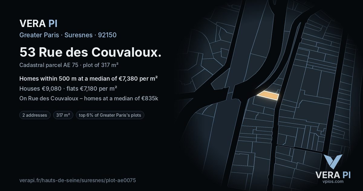 53 Rue des Couvaloux, Suresnes at night – the plot lit, the parcels around coloured by the prices near them