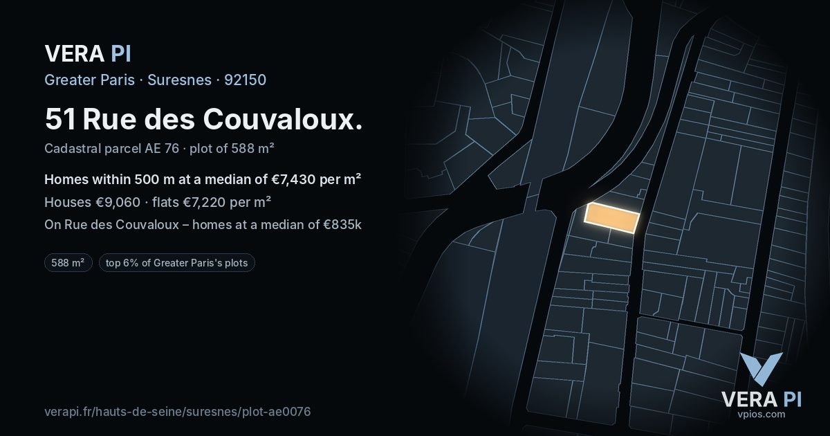 51 Rue des Couvaloux, Suresnes at night – the plot lit, the parcels around coloured by the prices near them