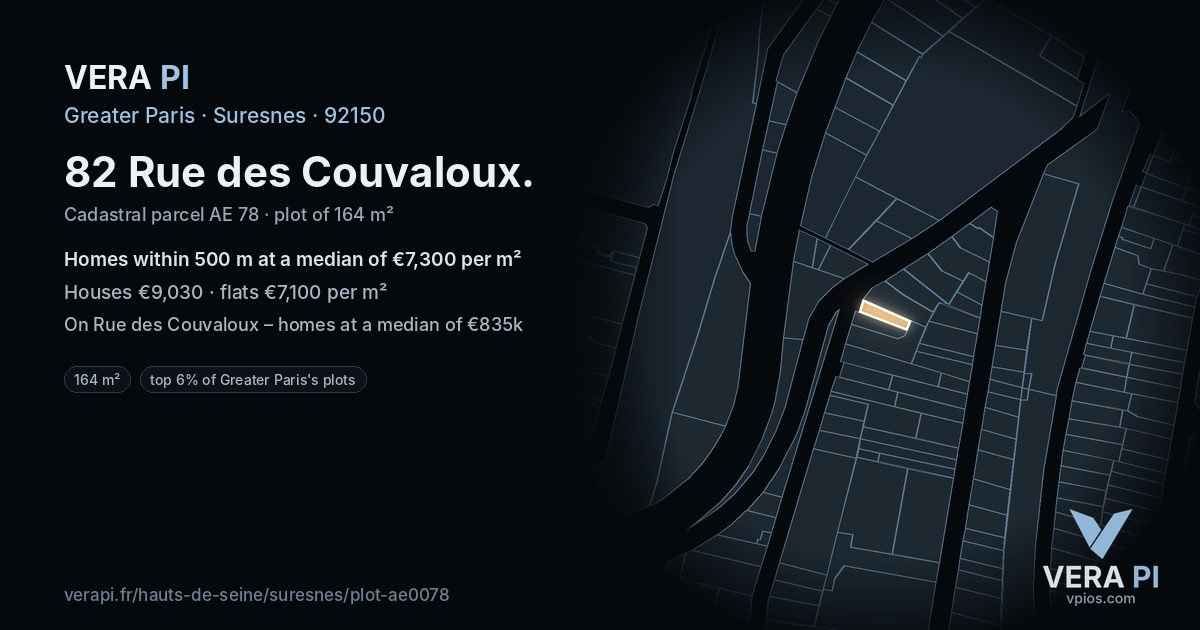 82 Rue des Couvaloux, Suresnes at night – the plot lit, the parcels around coloured by the prices near them