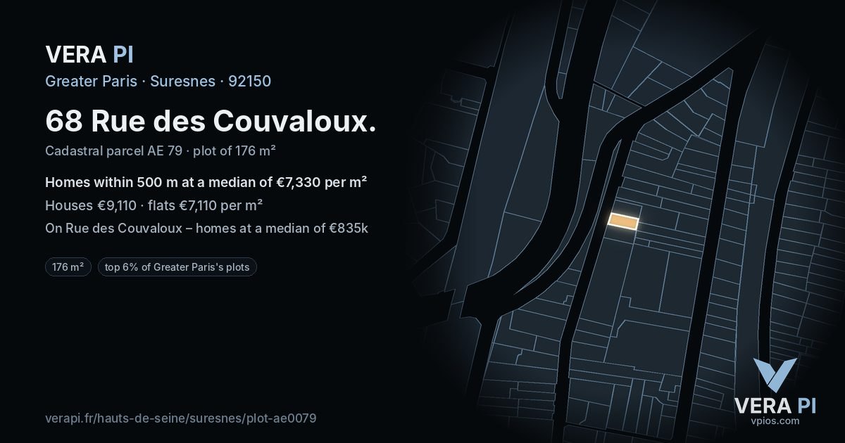68 Rue des Couvaloux, Suresnes at night – the plot lit, the parcels around coloured by the prices near them