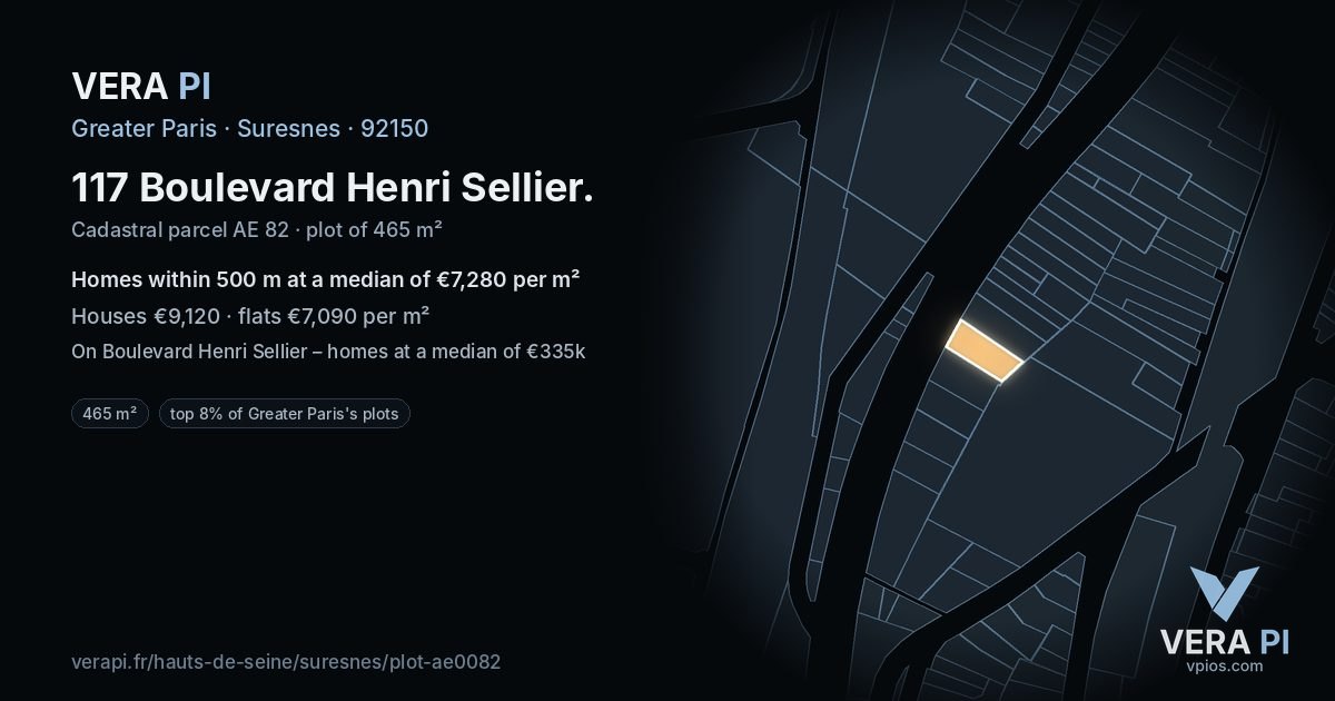 117 Boulevard Henri Sellier, Suresnes at night – the plot lit, the parcels around coloured by the prices near them