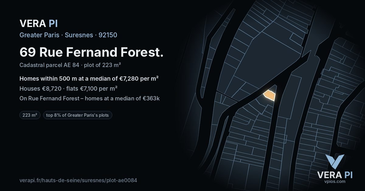 69 Rue Fernand Forest, Suresnes at night – the plot lit, the parcels around coloured by the prices near them