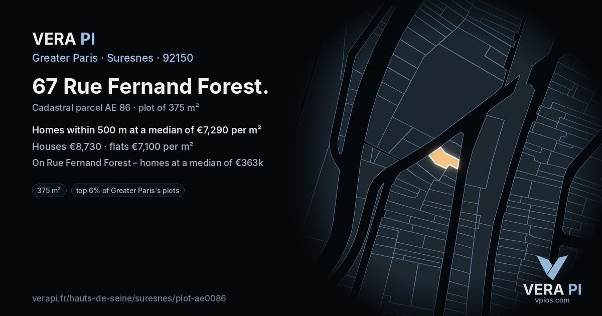 67 Rue Fernand Forest, Suresnes at night – the plot lit, the parcels around coloured by the prices near them