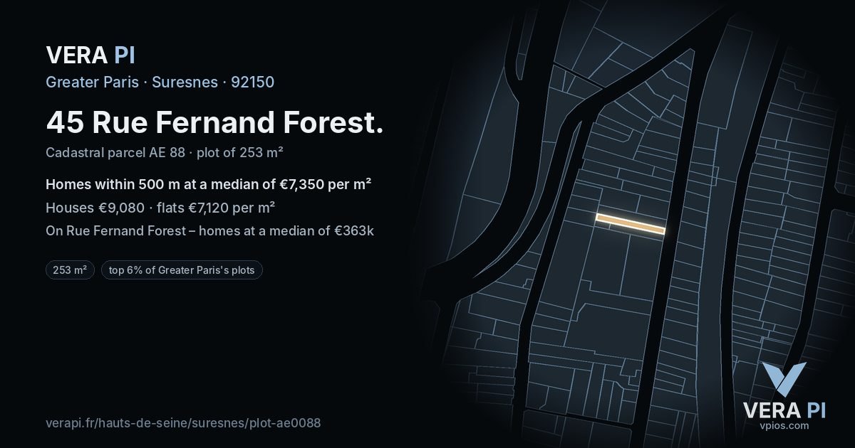 45 Rue Fernand Forest, Suresnes at night – the plot lit, the parcels around coloured by the prices near them