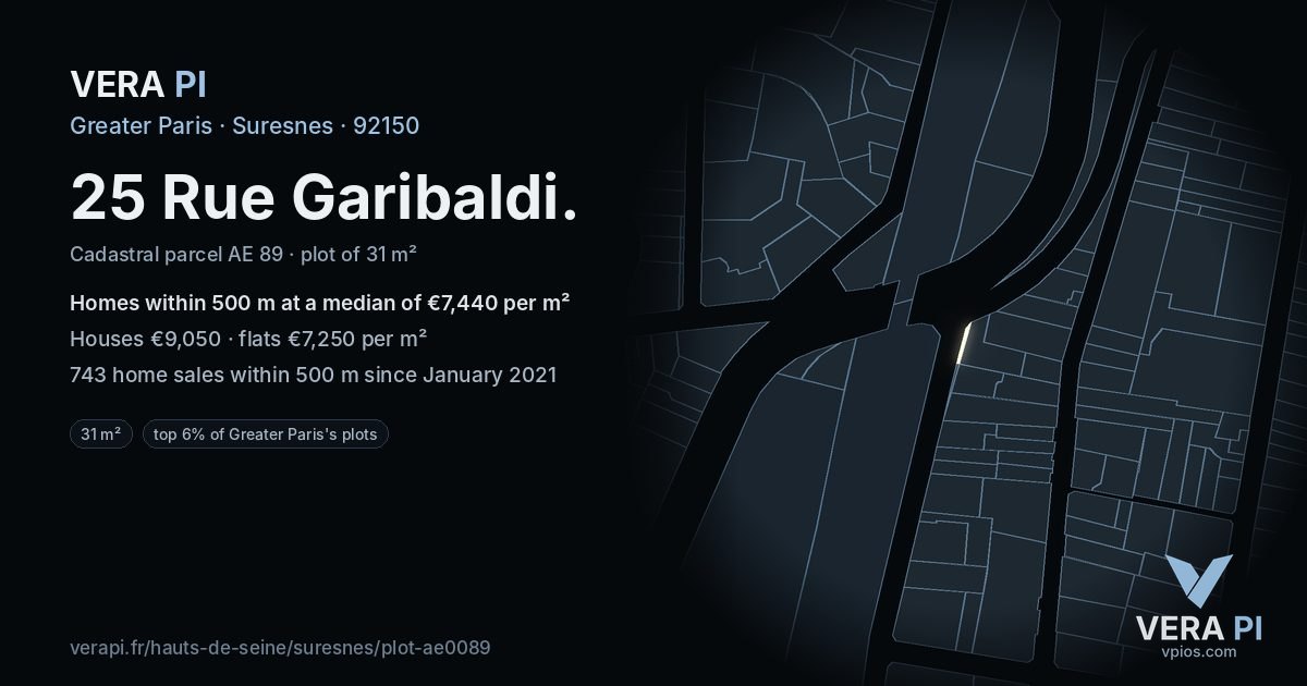 25 Rue Garibaldi, Suresnes at night – the plot lit, the parcels around coloured by the prices near them