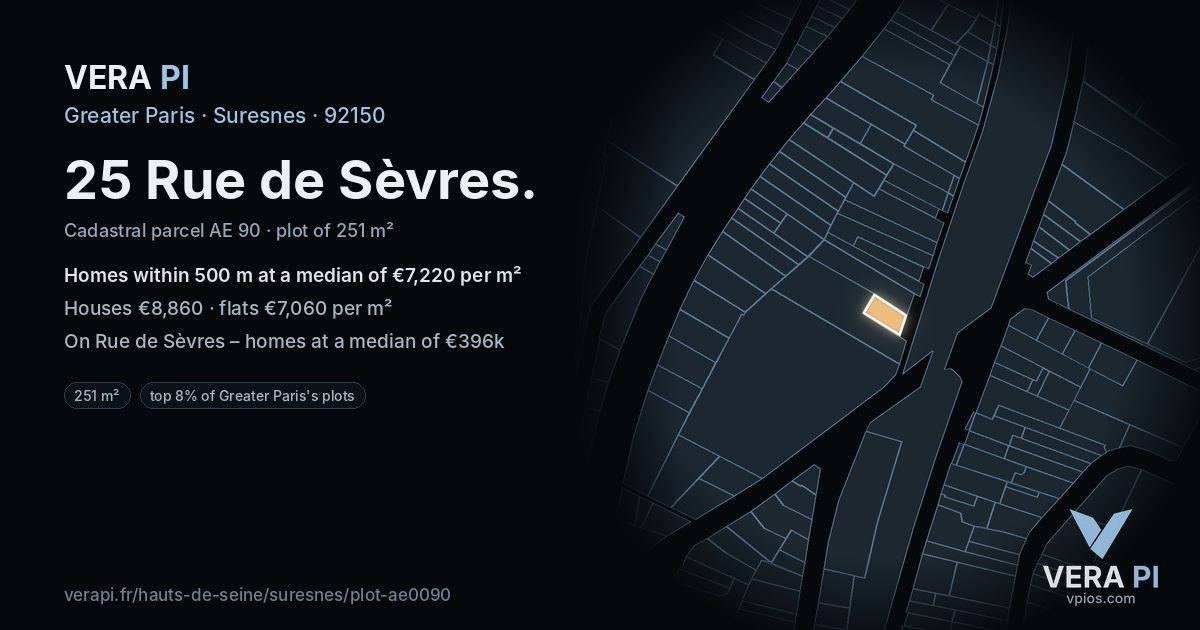 25 Rue de Sèvres, Suresnes at night – the plot lit, the parcels around coloured by the prices near them