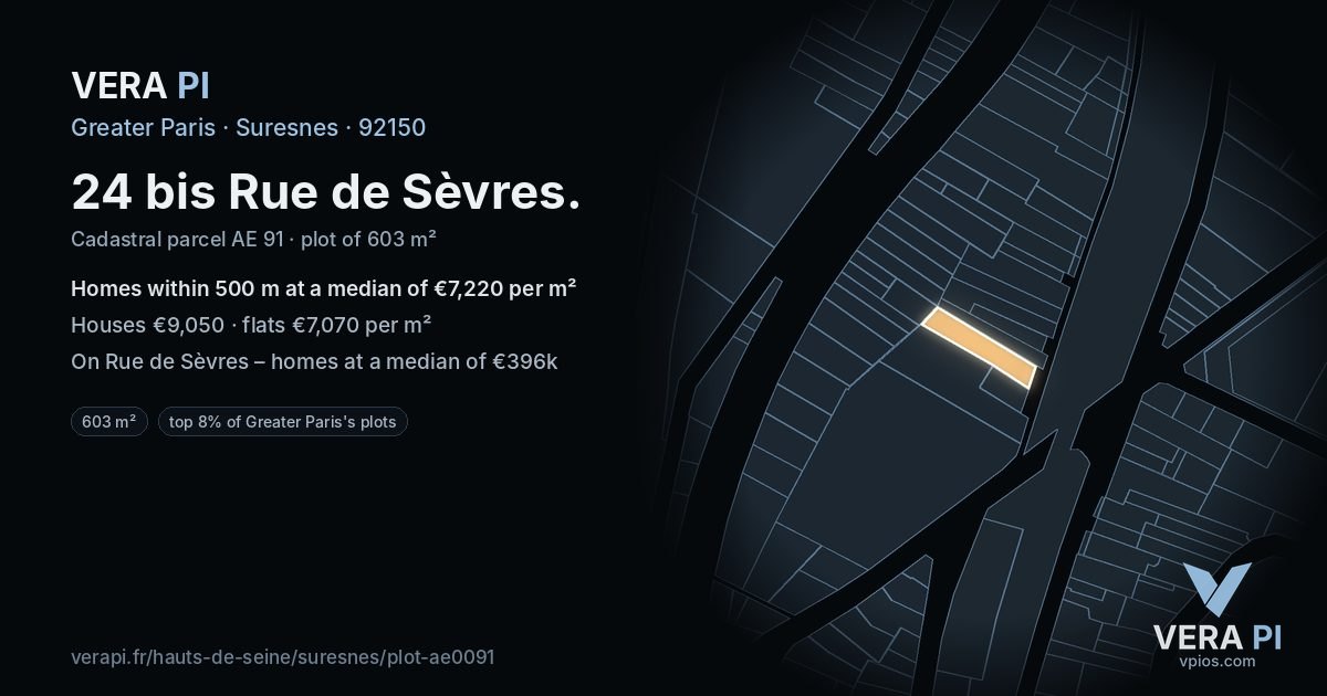 24 bis Rue de Sèvres, Suresnes at night – the plot lit, the parcels around coloured by the prices near them