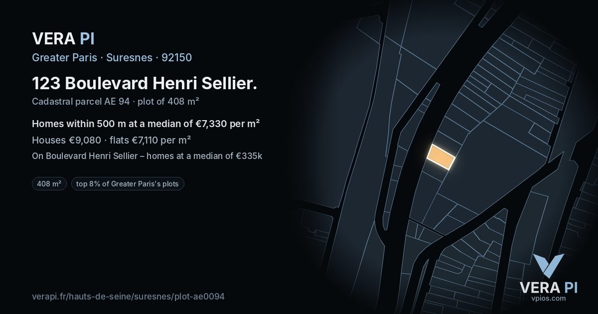 123 Boulevard Henri Sellier, Suresnes at night – the plot lit, the parcels around coloured by the prices near them