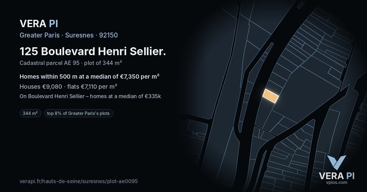 125 Boulevard Henri Sellier, Suresnes at night – the plot lit, the parcels around coloured by the prices near them