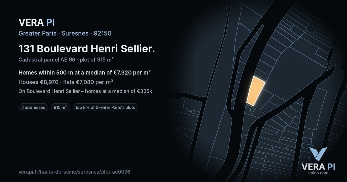 131 Boulevard Henri Sellier, Suresnes at night – the plot lit, the parcels around coloured by the prices near them