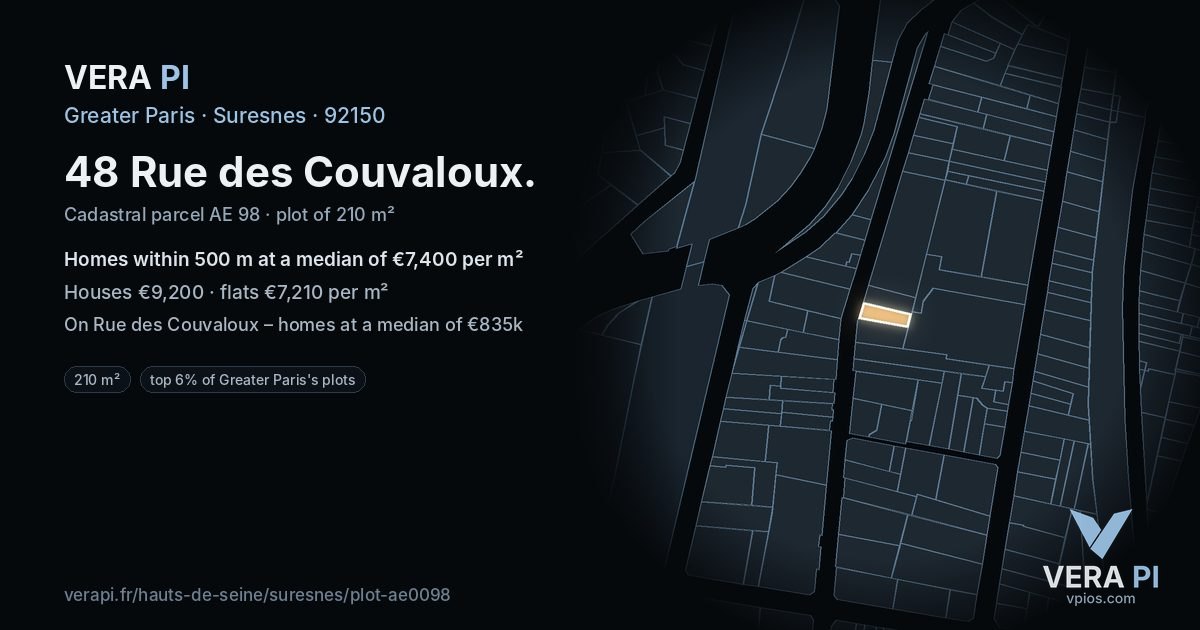 48 Rue des Couvaloux, Suresnes at night – the plot lit, the parcels around coloured by the prices near them