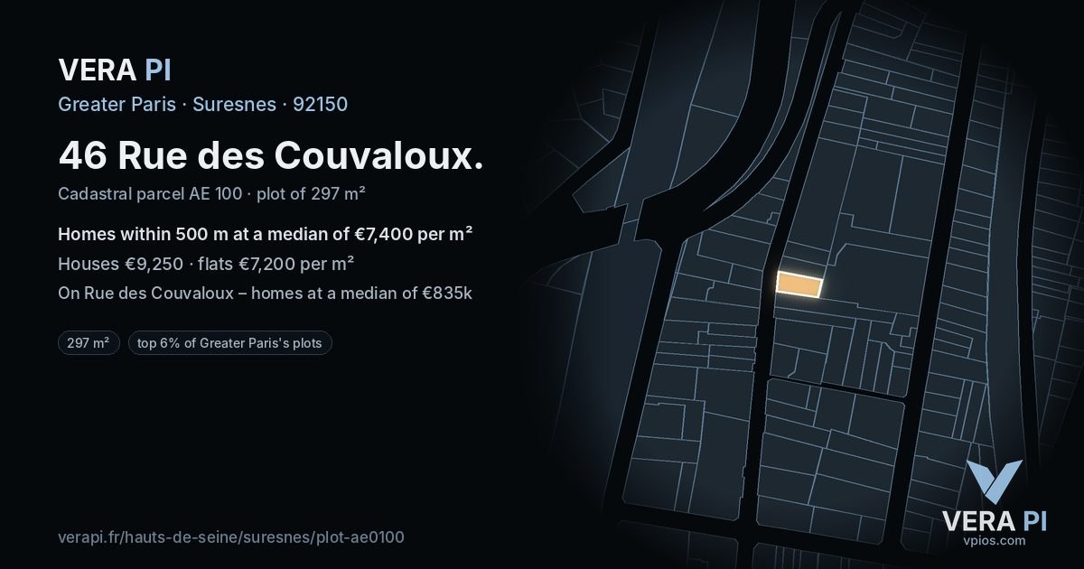 46 Rue des Couvaloux, Suresnes at night – the plot lit, the parcels around coloured by the prices near them