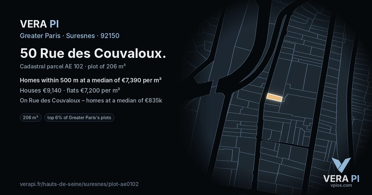 50 Rue des Couvaloux, Suresnes at night – the plot lit, the parcels around coloured by the prices near them