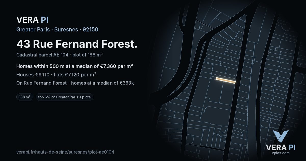 43 Rue Fernand Forest, Suresnes at night – the plot lit, the parcels around coloured by the prices near them