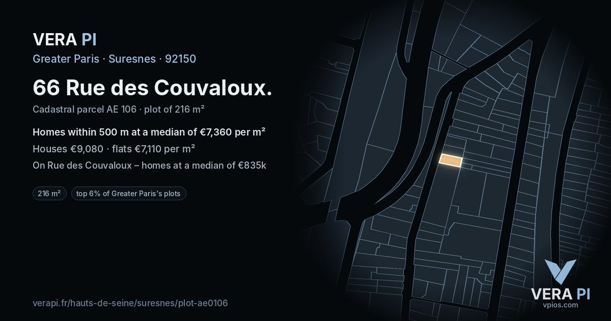 66 Rue des Couvaloux, Suresnes at night – the plot lit, the parcels around coloured by the prices near them
