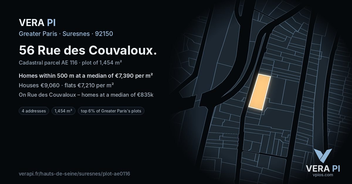 56 Rue des Couvaloux, Suresnes at night – the plot lit, the parcels around coloured by the prices near them