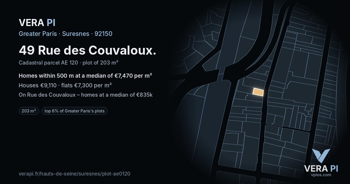 49 Rue des Couvaloux, Suresnes at night – the plot lit, the parcels around coloured by the prices near them