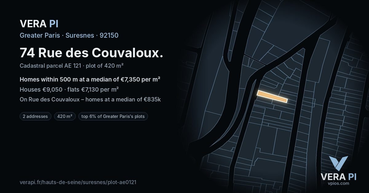 74 Rue des Couvaloux, Suresnes at night – the plot lit, the parcels around coloured by the prices near them