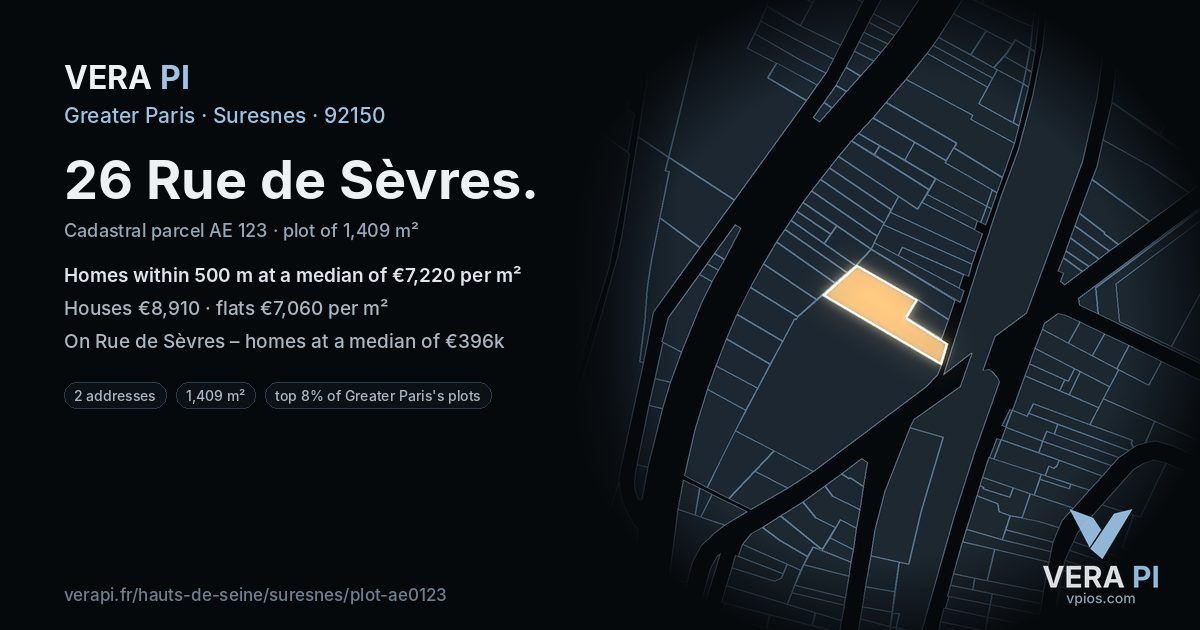 26 Rue de Sèvres, Suresnes at night – the plot lit, the parcels around coloured by the prices near them