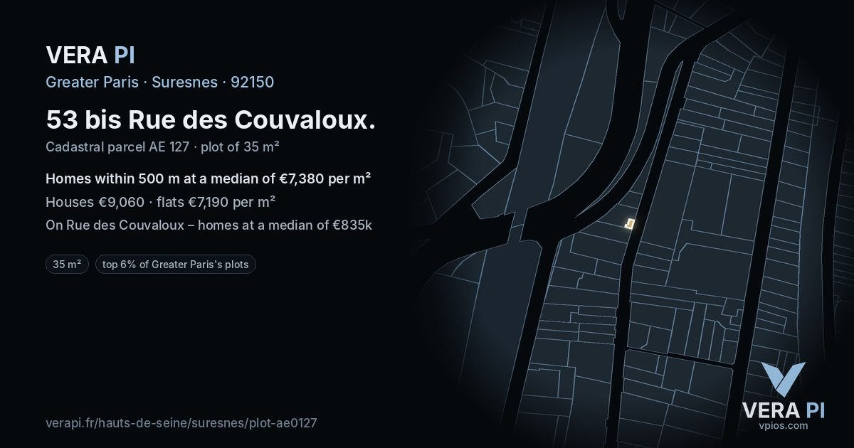 53 bis Rue des Couvaloux, Suresnes at night – the plot lit, the parcels around coloured by the prices near them