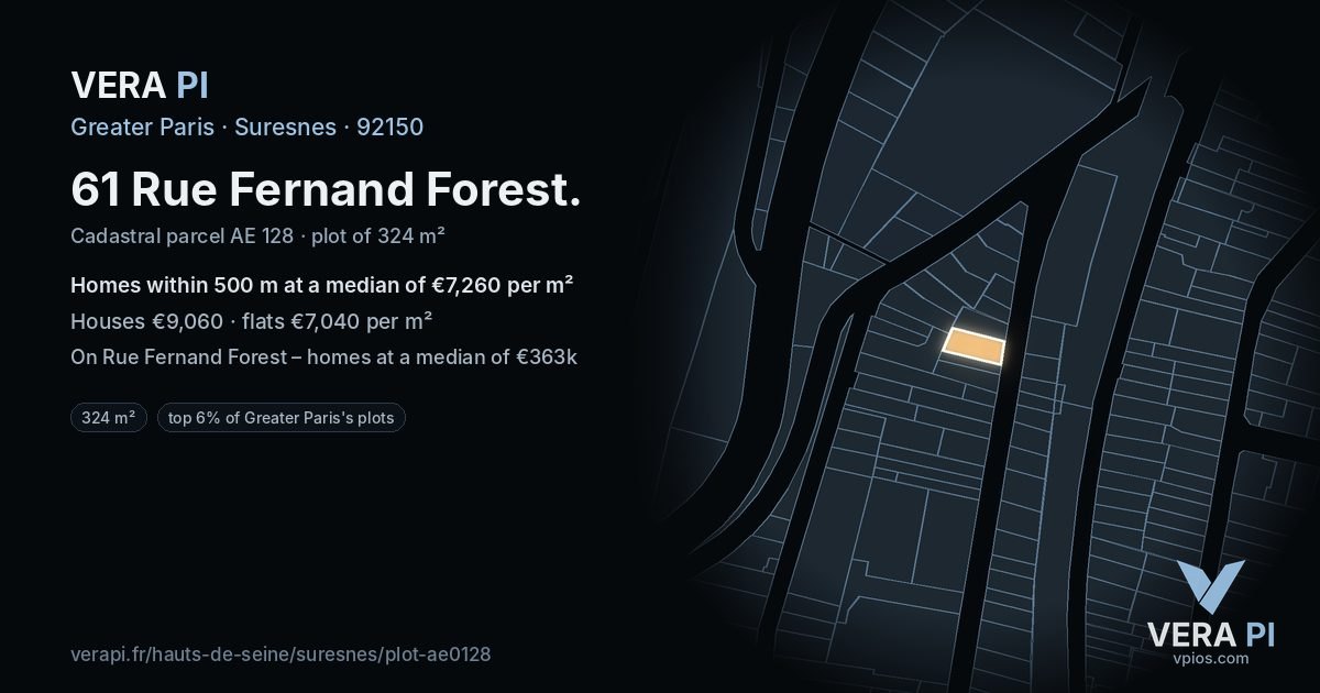 61 Rue Fernand Forest, Suresnes at night – the plot lit, the parcels around coloured by the prices near them