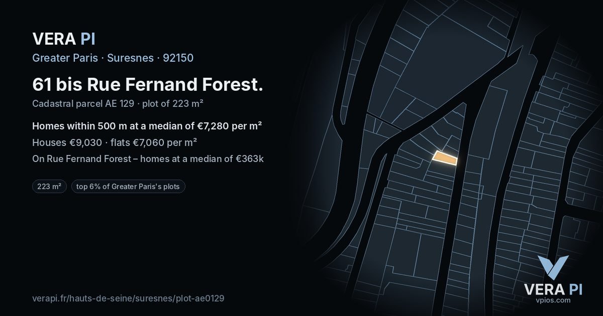 61 bis Rue Fernand Forest, Suresnes at night – the plot lit, the parcels around coloured by the prices near them