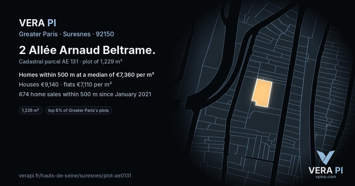 2 Allée Arnaud Beltrame, Suresnes at night – the plot lit, the parcels around coloured by the prices near them