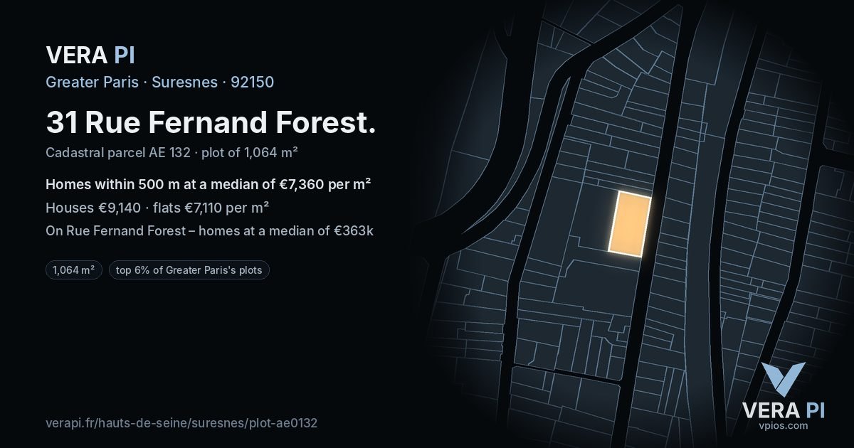 31 Rue Fernand Forest, Suresnes at night – the plot lit, the parcels around coloured by the prices near them