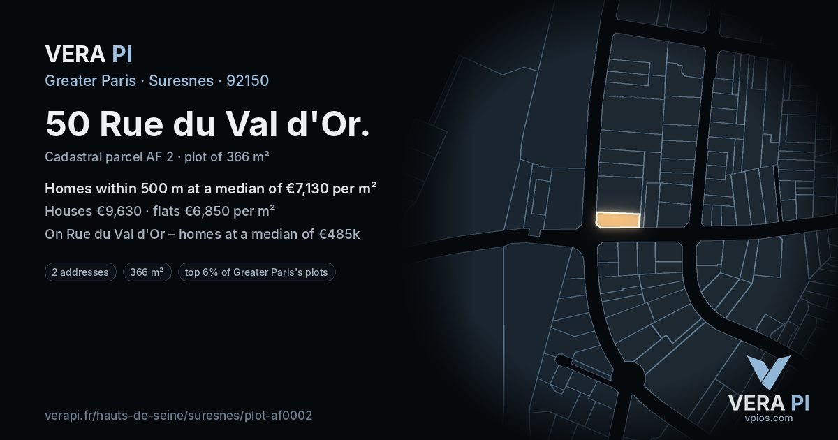 50 Rue du Val d'Or, Suresnes at night – the plot lit, the parcels around coloured by the prices near them