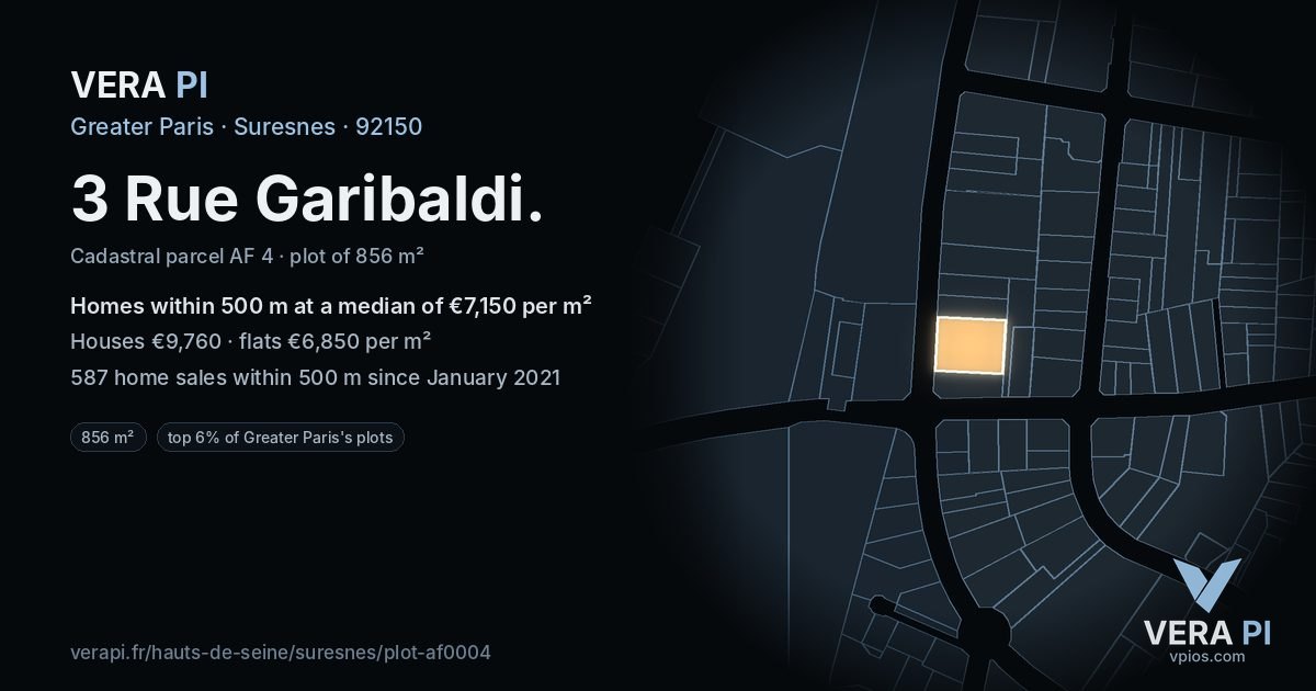 3 Rue Garibaldi, Suresnes at night – the plot lit, the parcels around coloured by the prices near them