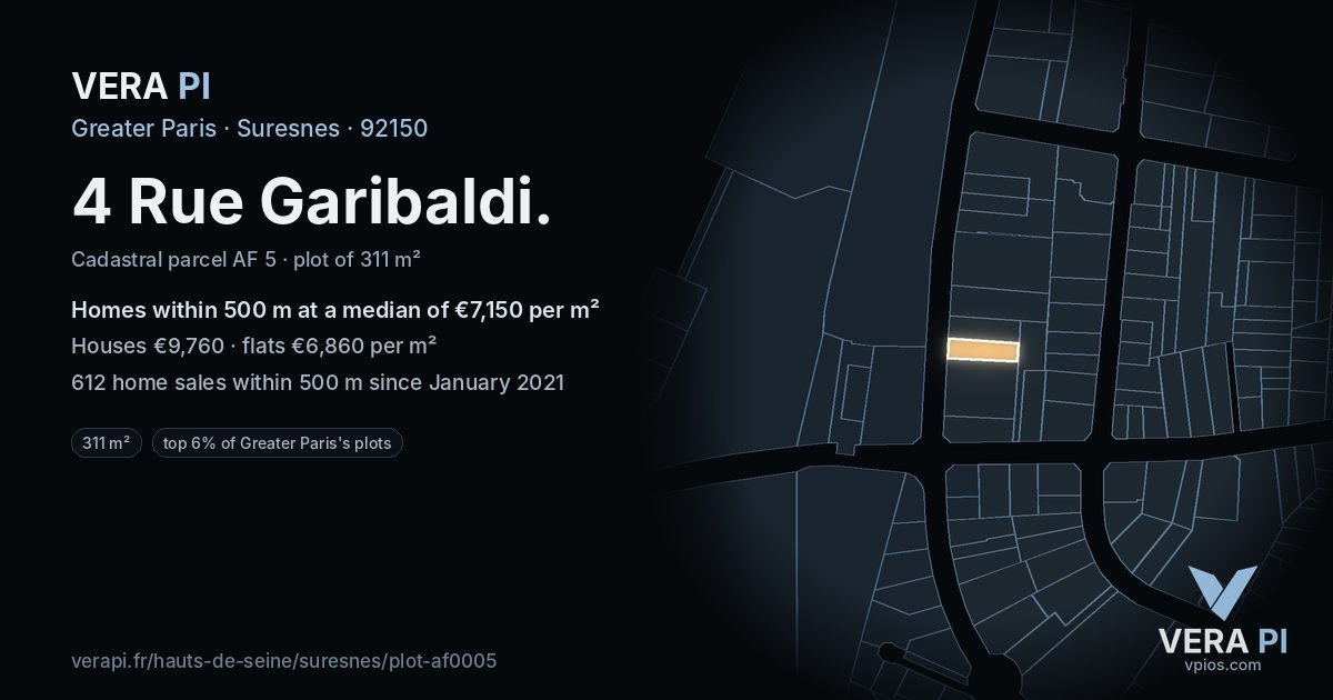 4 Rue Garibaldi, Suresnes at night – the plot lit, the parcels around coloured by the prices near them