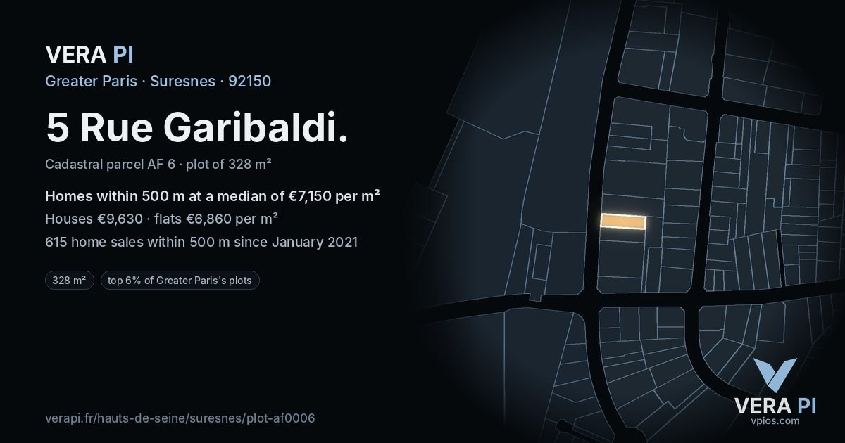 5 Rue Garibaldi, Suresnes at night – the plot lit, the parcels around coloured by the prices near them