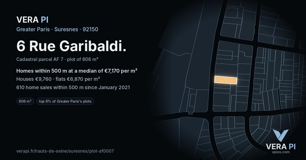 6 Rue Garibaldi, Suresnes at night – the plot lit, the parcels around coloured by the prices near them