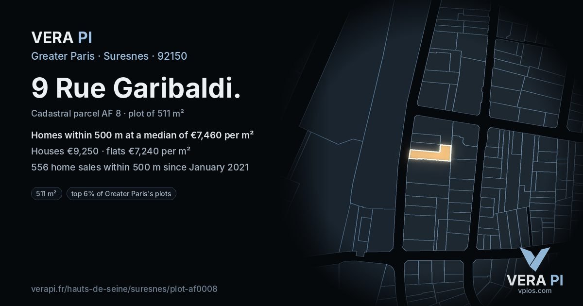 9 Rue Garibaldi, Suresnes at night – the plot lit, the parcels around coloured by the prices near them