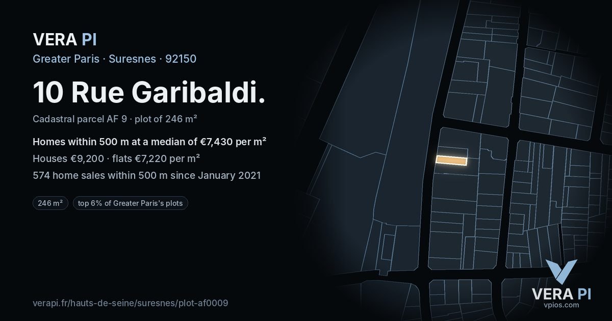 10 Rue Garibaldi, Suresnes at night – the plot lit, the parcels around coloured by the prices near them